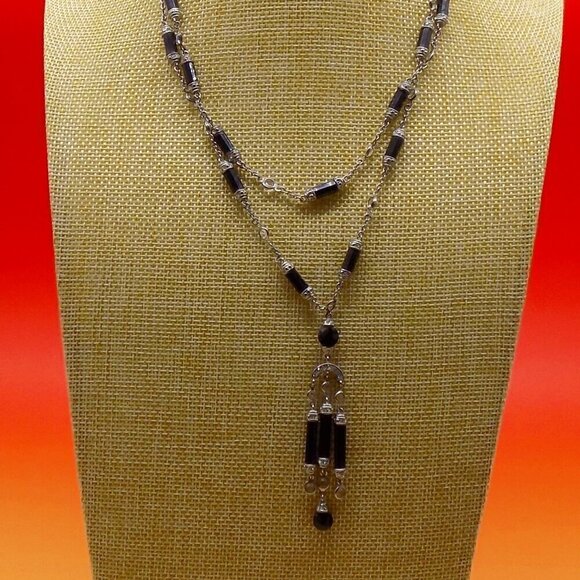 Art Deco Style Black Bead Necklace Silver-tone Clear Stone Station 2 Row Layered - Picture 5 of 10